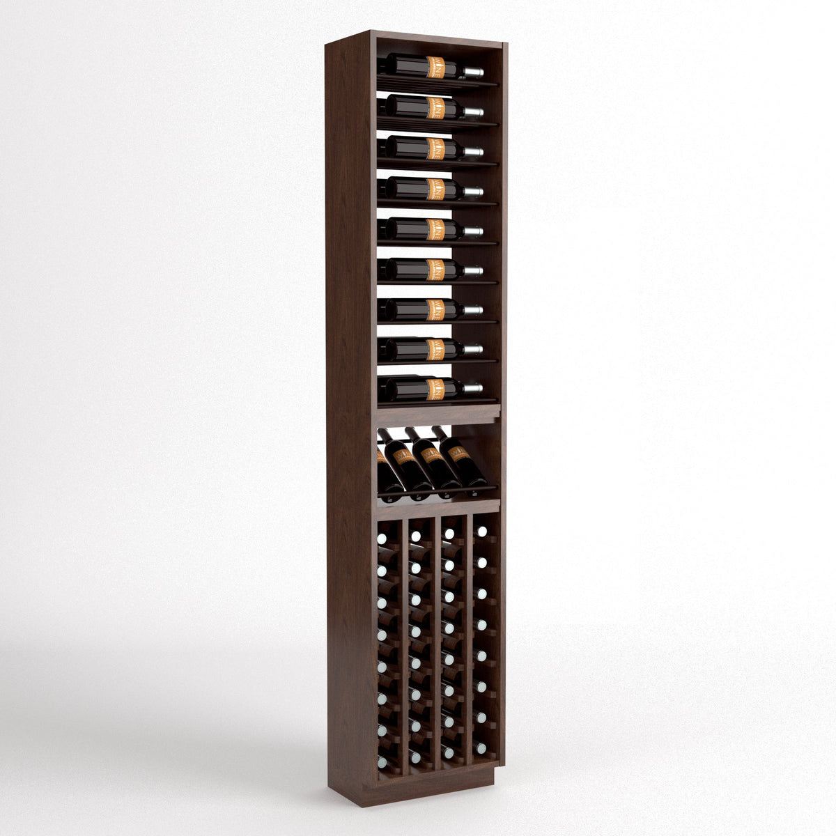 Freestanding dark wood wine rack with stacked bottle slots, glass rests, and wine cubbies
