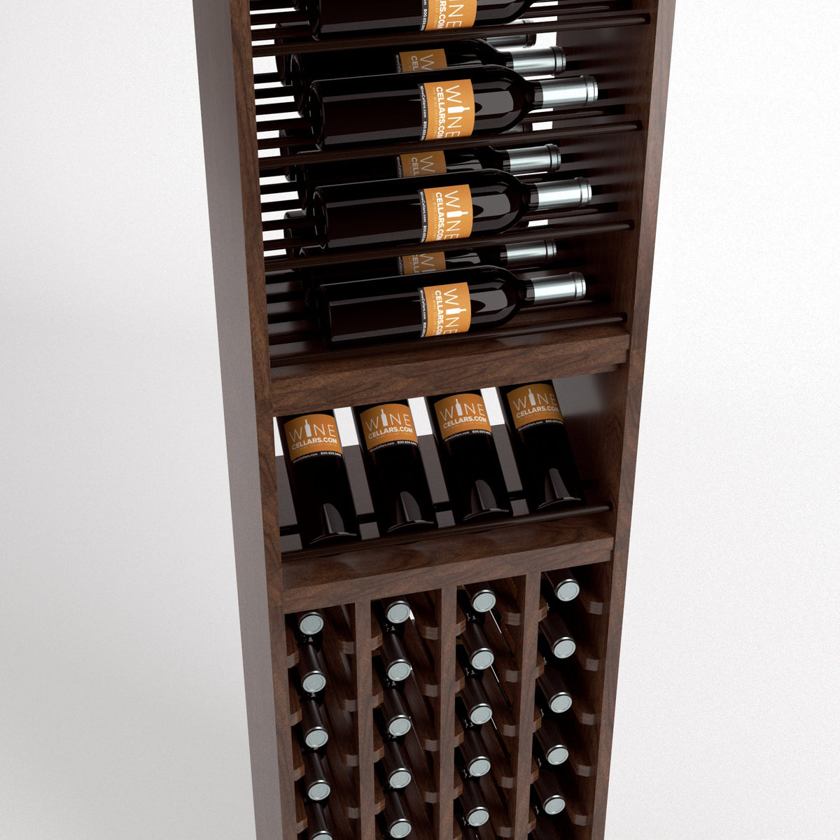 Close view of wine rack showing black bottle cradles and front wine bottle cubbies