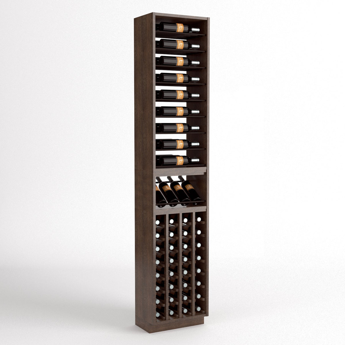 Tall wooden wine rack column with bottle rails, angled bottle slots, and lower cork storage