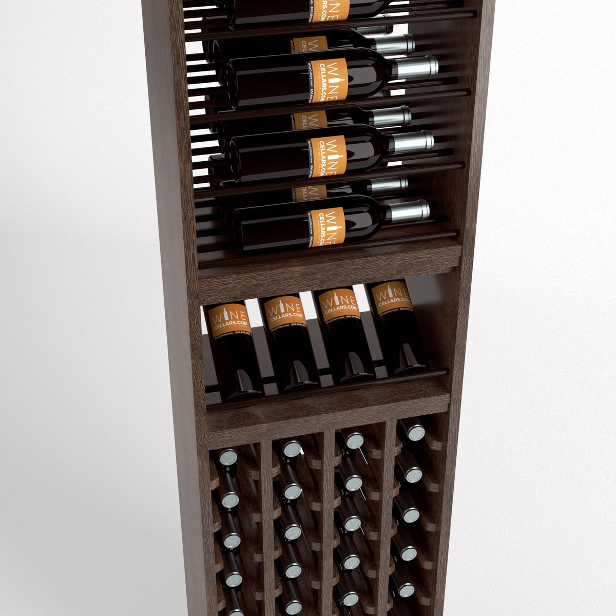 Wine rack close-up with bottle holders, glass rest shelf, and capped wine bottles