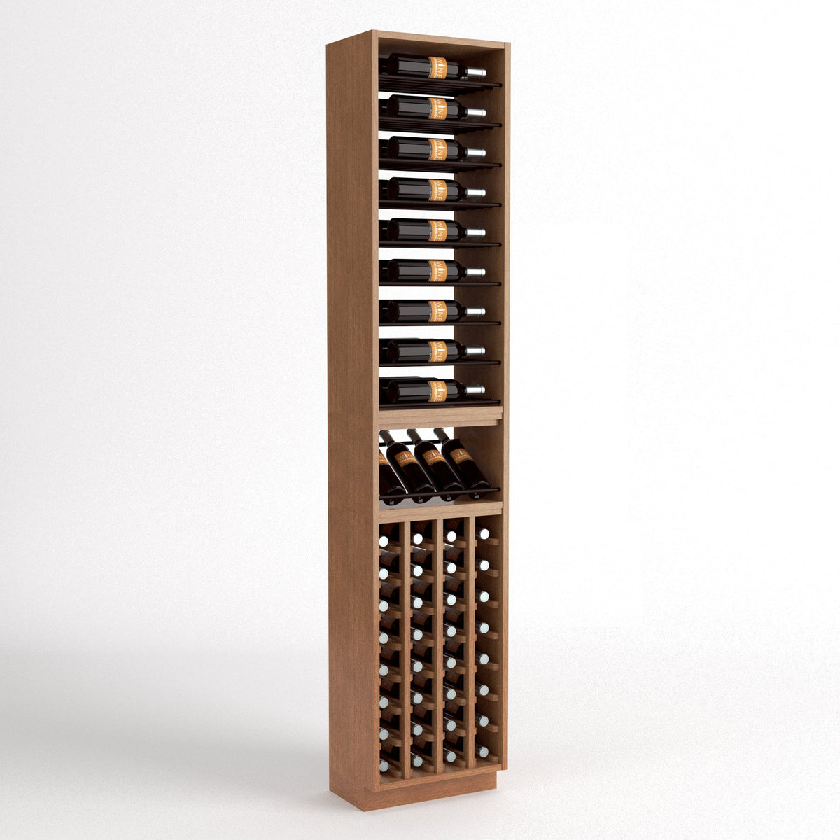 Tall light wood wine rack with bottle slots, glass rests, and front wine bottle cubbies