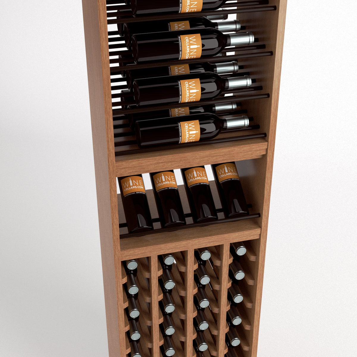Wood wine display rack with top bottle rails, middle bottle shelf, and lower cubby bottle storage