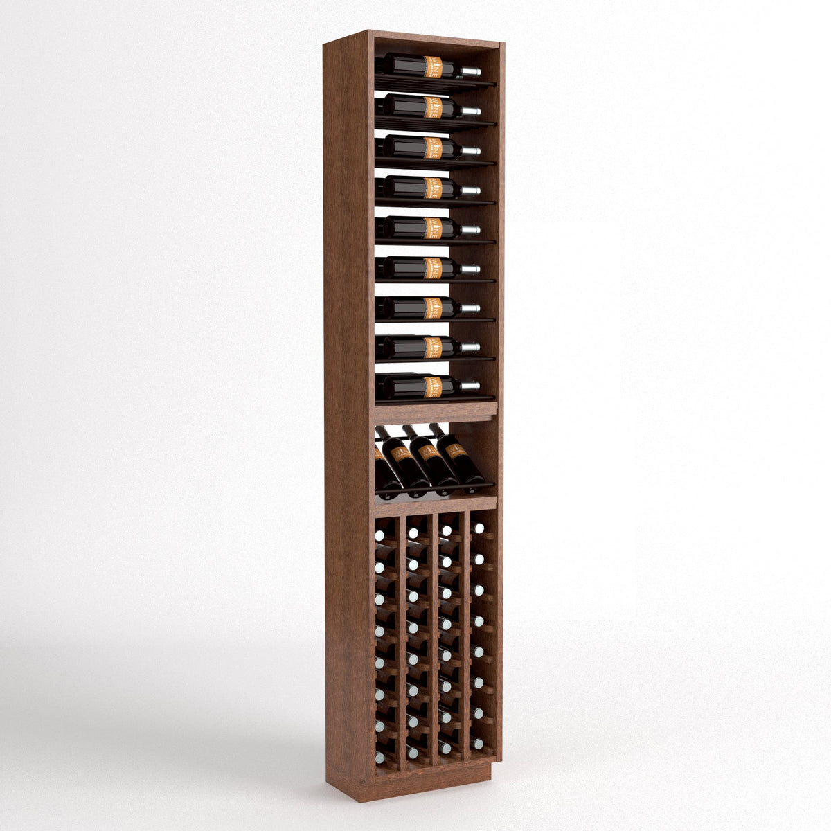 Freestanding dark wood wine rack with bottle slots, glass rests, and wine bottle grid