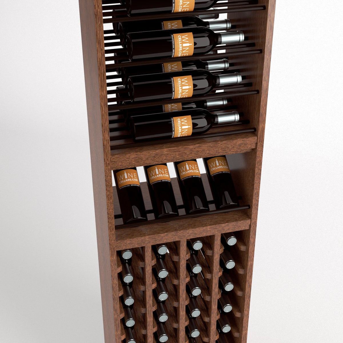 Wood wine rack with bottle rails, row of bottles on the middle shelf, and lower bottle cubbies