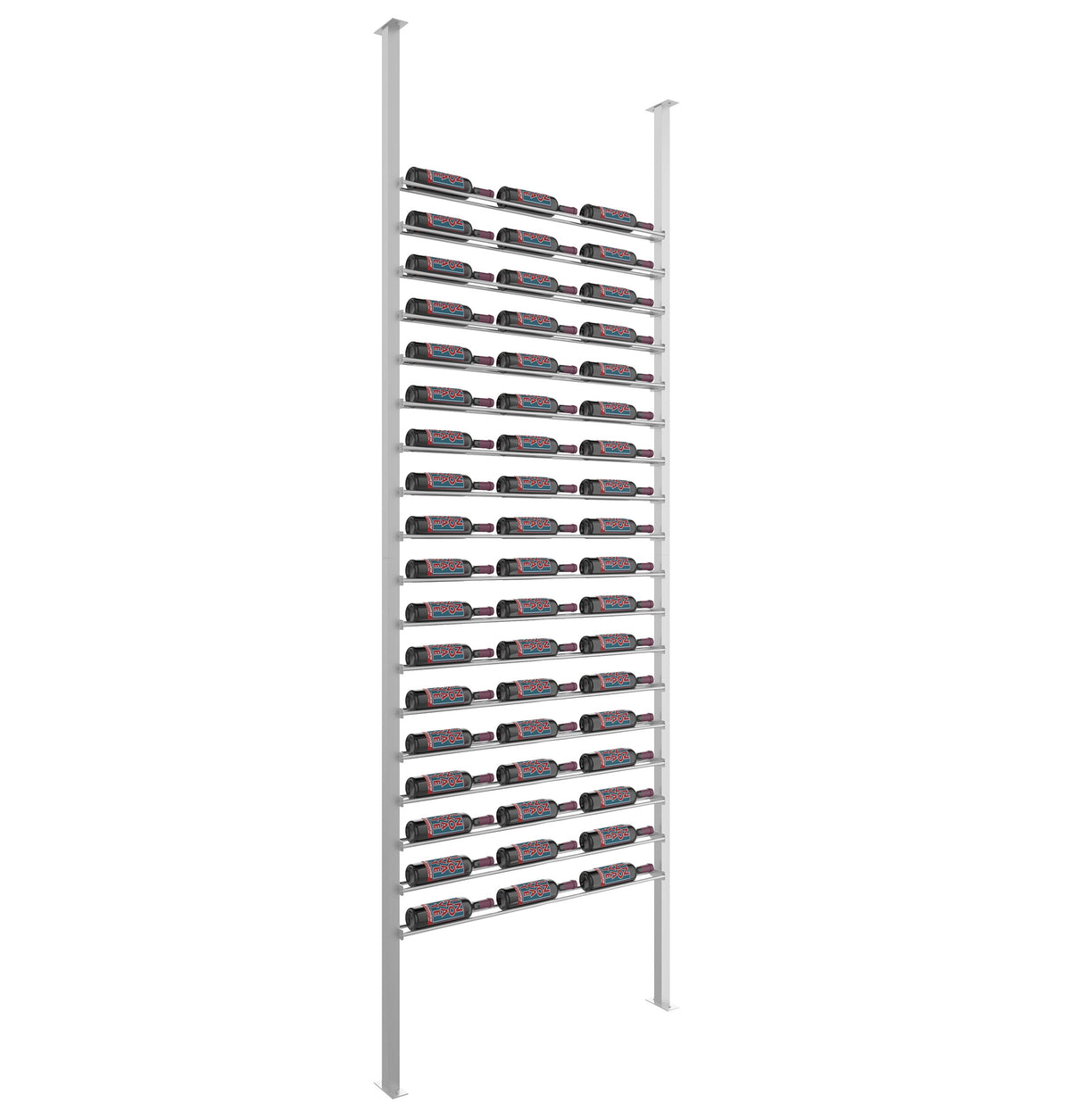 Gray metal bottle display kit with multiple horizontal rails for wine bottles