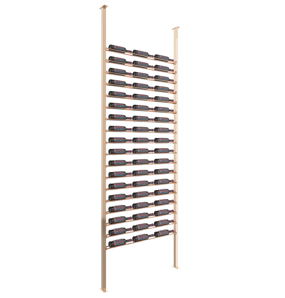 Light wood bottle display kit with horizontal rails holding wine bottles