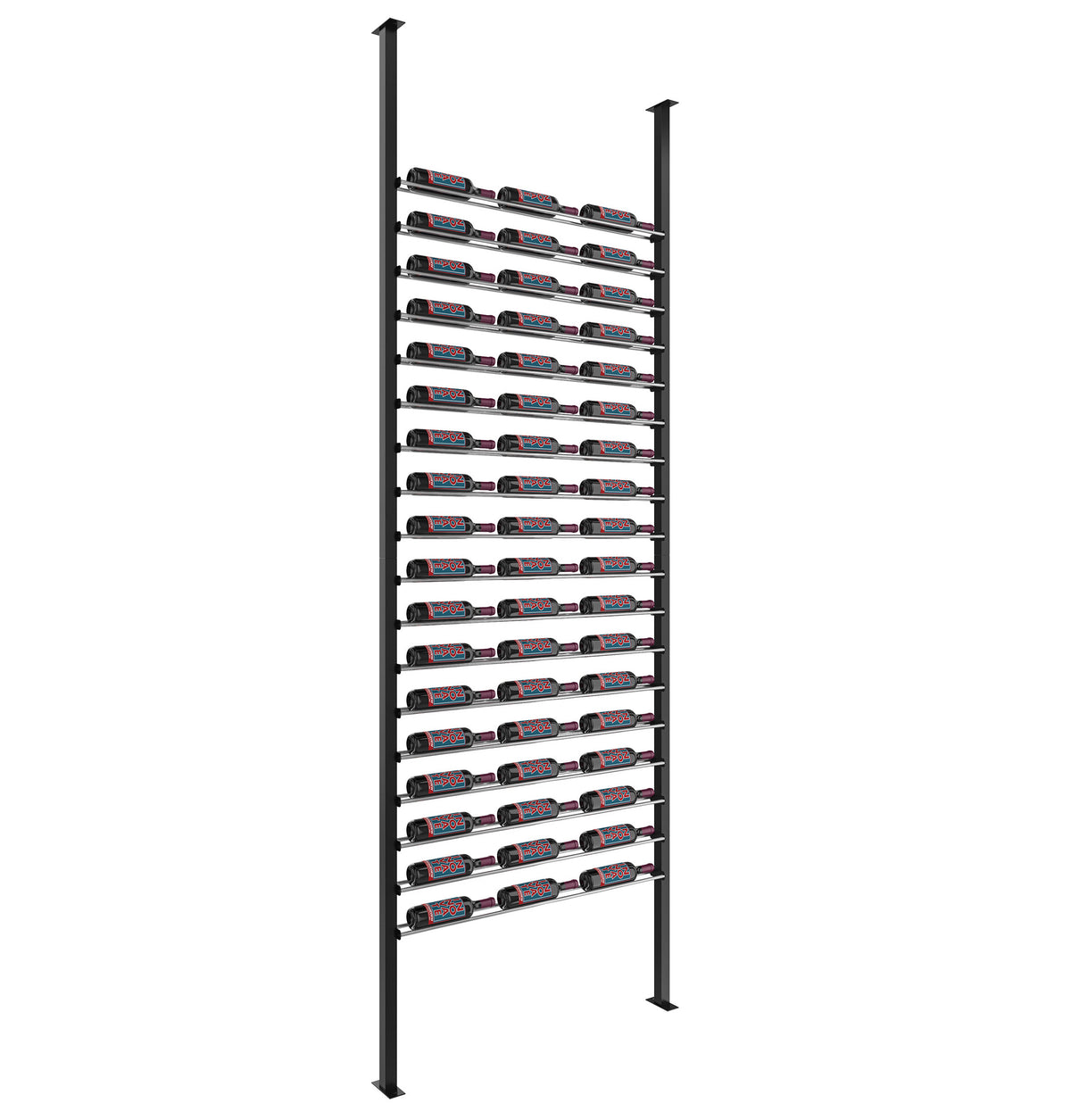 Black metal bottle display kit with horizontal rails for wine bottles