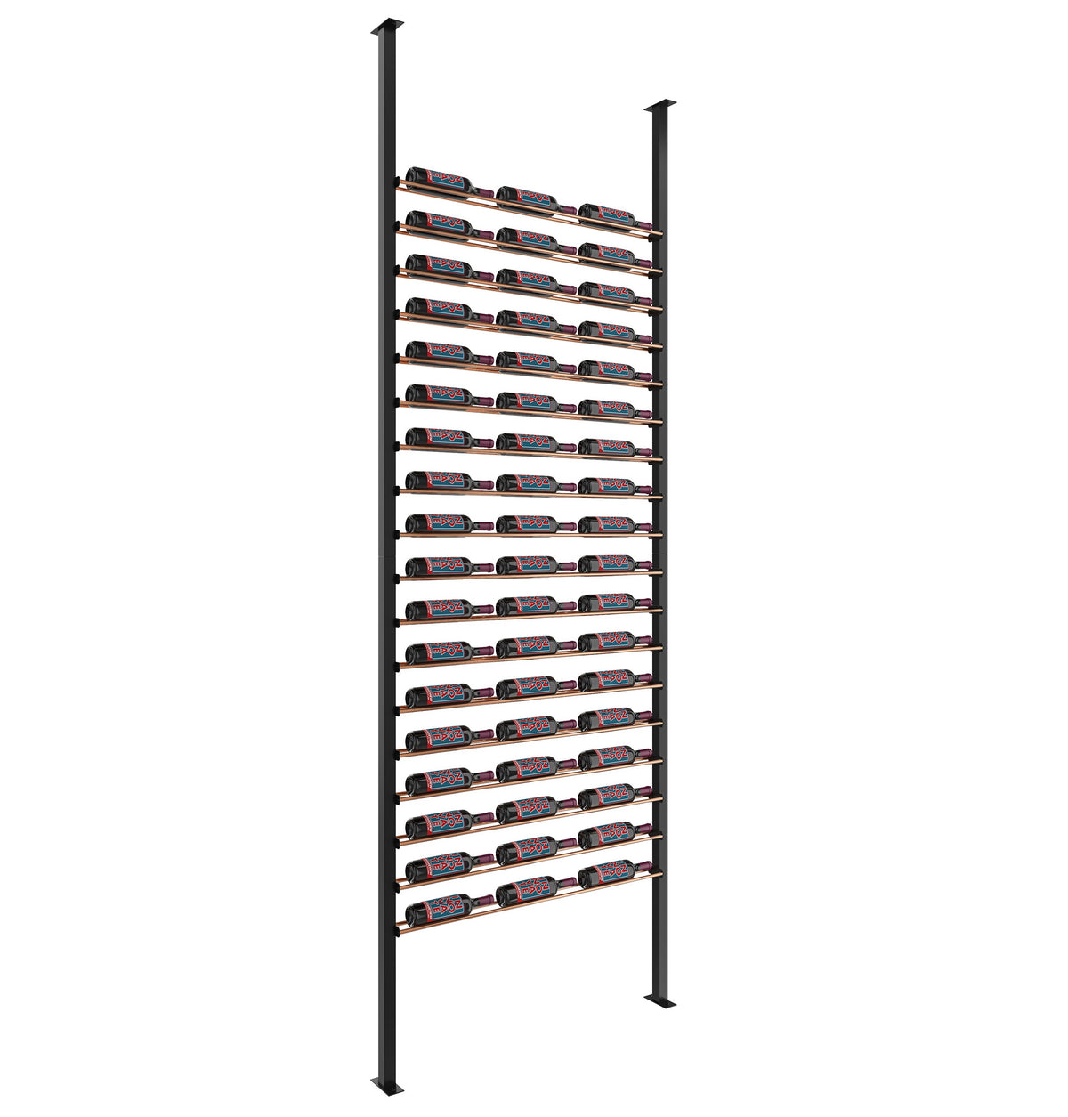 Matte black low-profile wine bottle rack with tightly spaced bottle rows