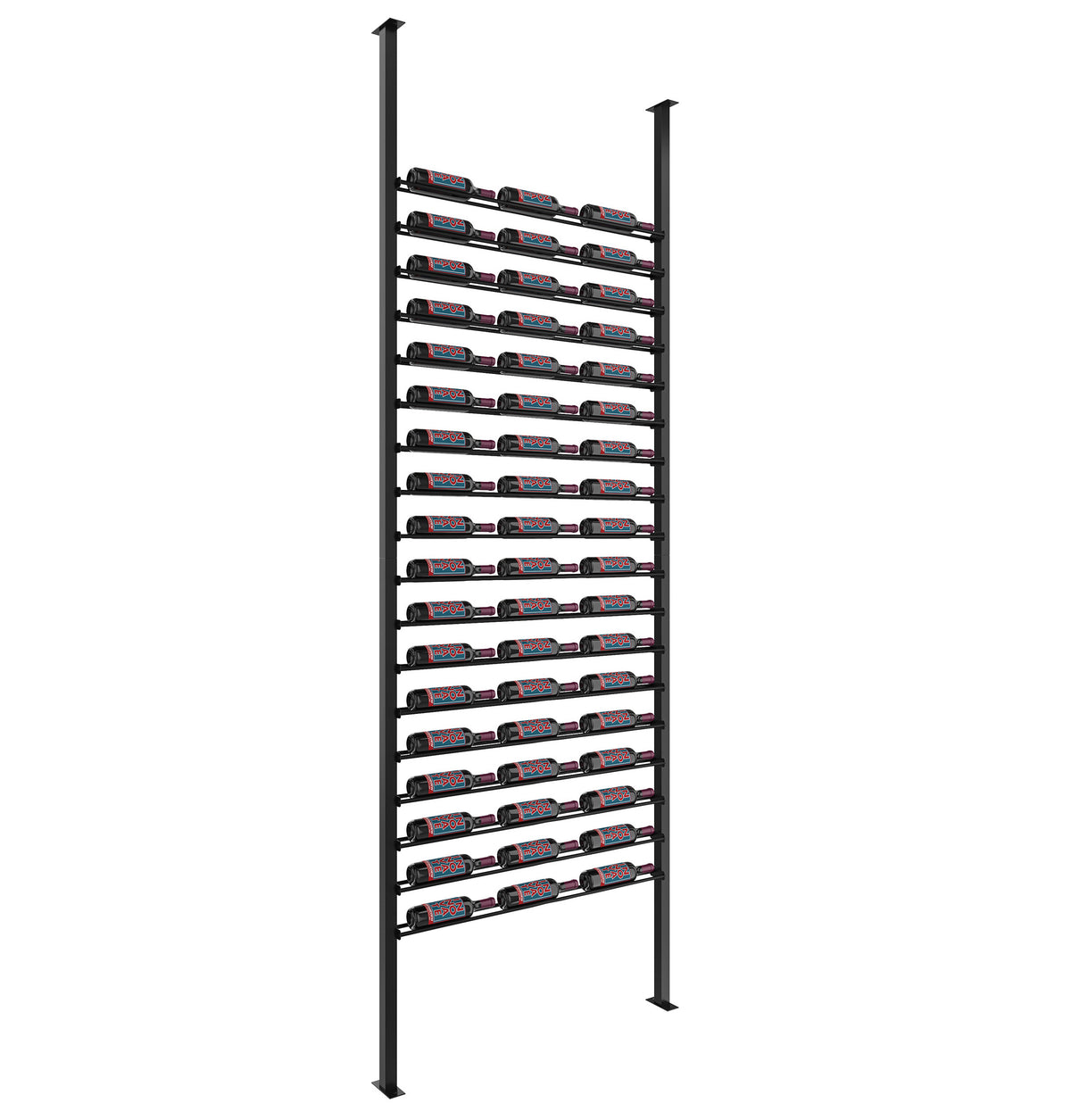 Matte black low-profile wine bottle rack with several tiers of stored bottles