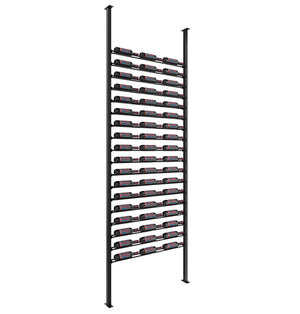 Matte black low-profile wine bottle rack with several tiers of stored bottles