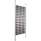 Light gray low-profile wine bottle rack with metal rails holding rows of bottles