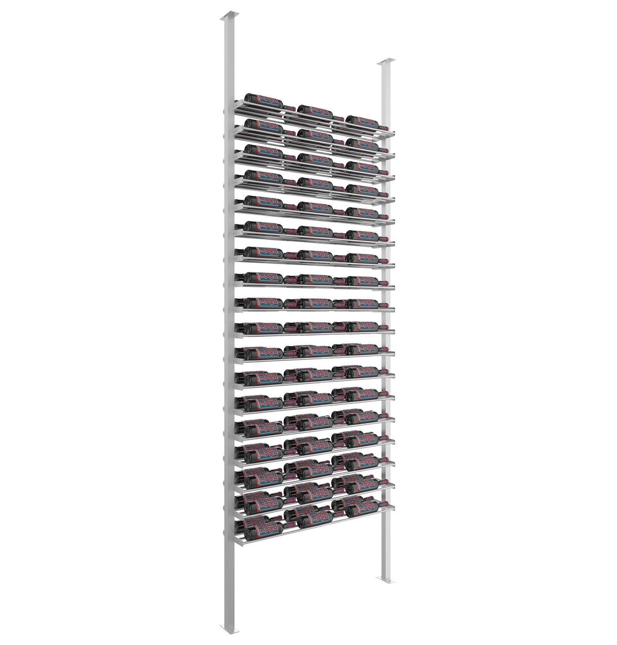 Light gray low-profile wine bottle rack with metal rails holding rows of bottles