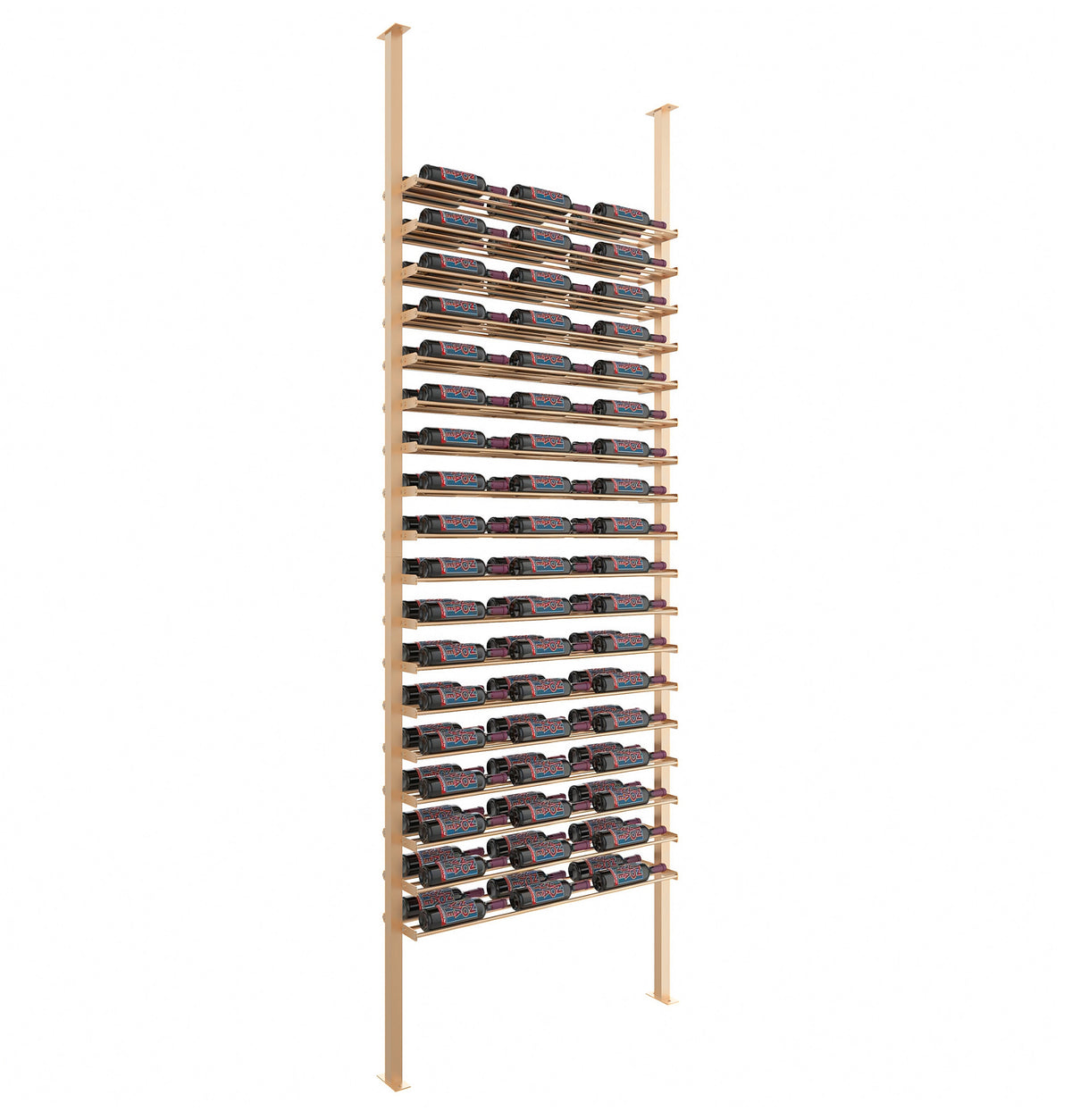 Natural wood bottle display kit with horizontal rails for wine bottles