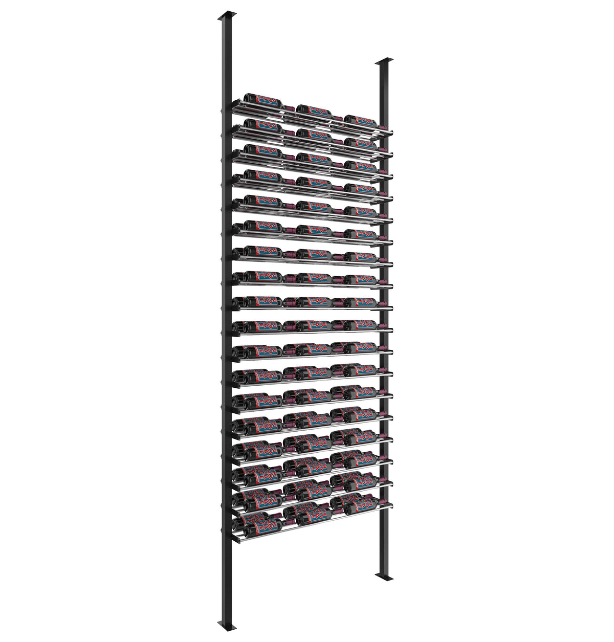Matte black low-profile wine bottle rack with horizontal rows of wine bottles