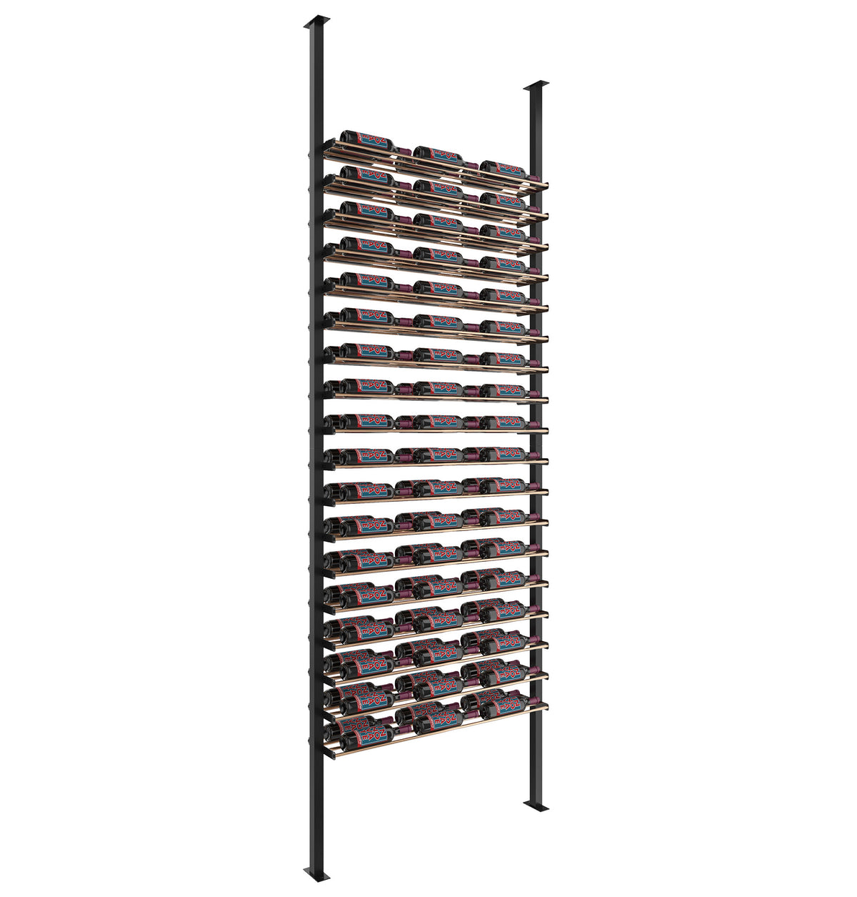 Matte black low-profile wine bottle rack with horizontal rails and stored bottles