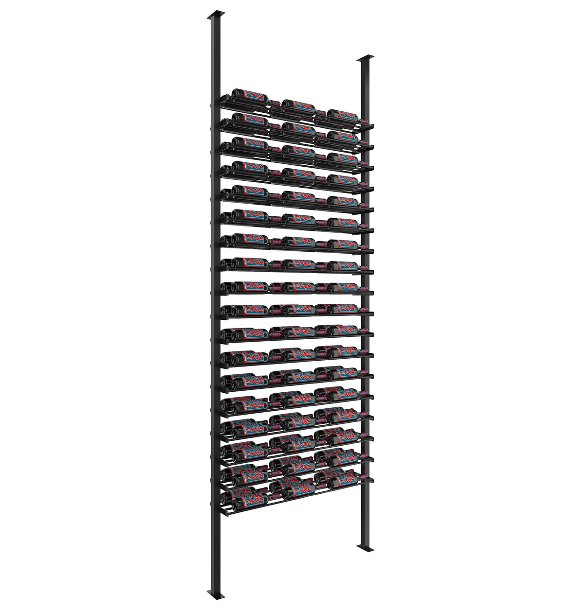 Matte black low-profile wine bottle rack with multiple tiers for storing wine bottles