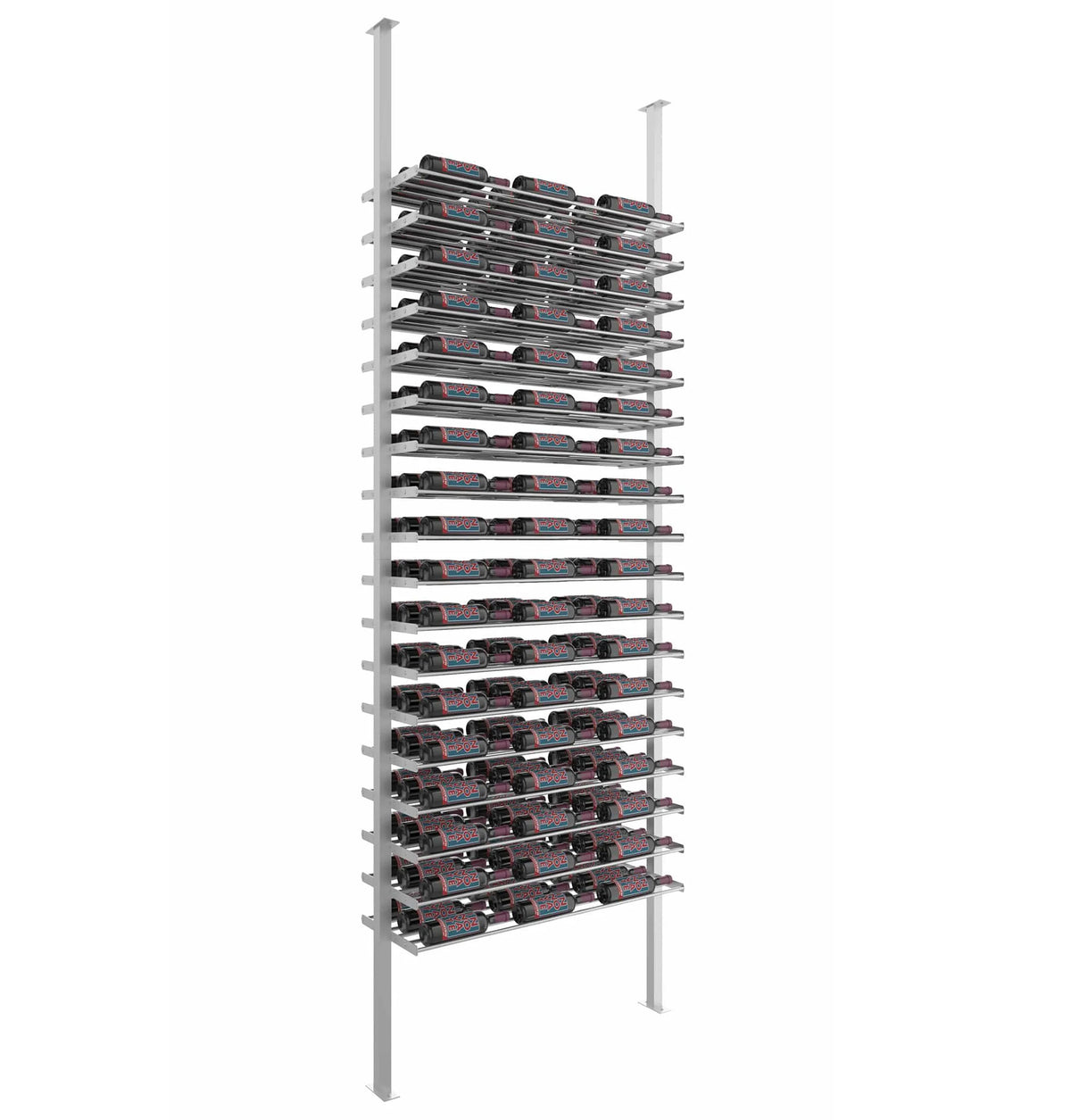Cool gray low-profile wine bottle rack with metal rails holding multiple bottle rows
