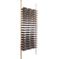 Golden bronze low-profile wine bottle rack with metal rails holding bottle rows