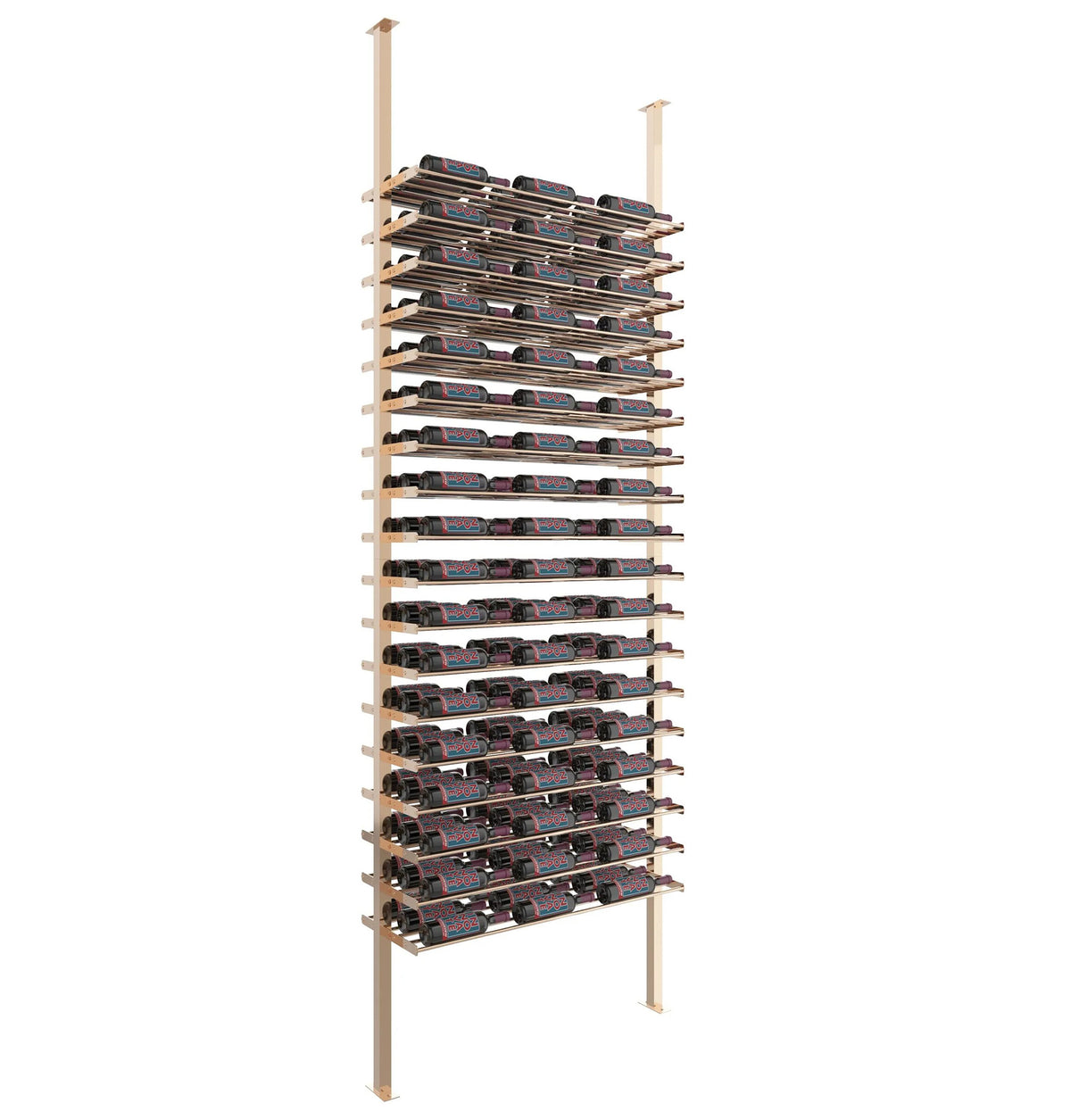 Golden bronze low-profile wine bottle rack with metal rails holding bottle rows
