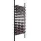 Matte black low-profile wine bottle rack with metal rails holding rows of bottles