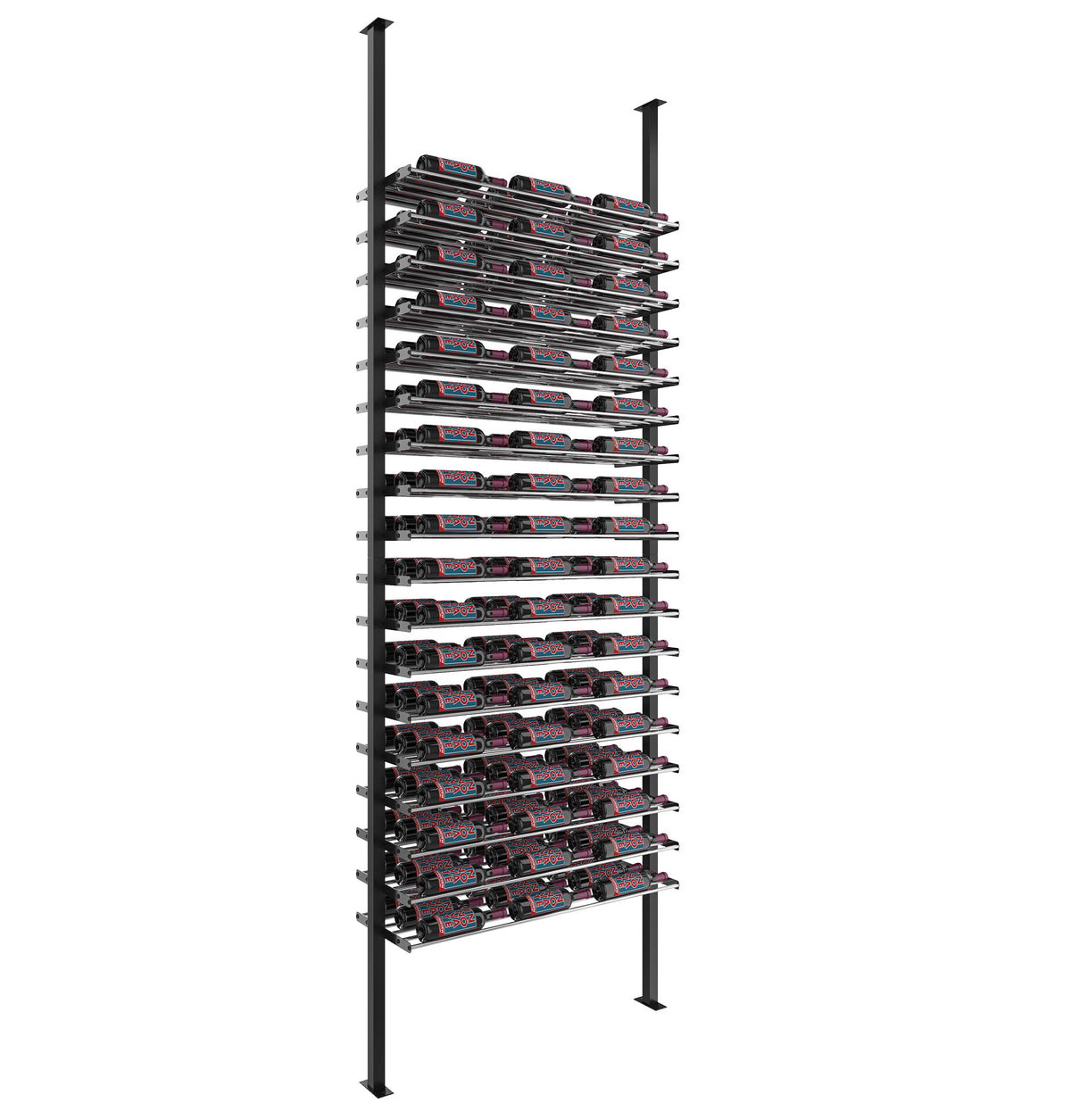 Matte black low-profile wine bottle rack with metal rails holding rows of bottles