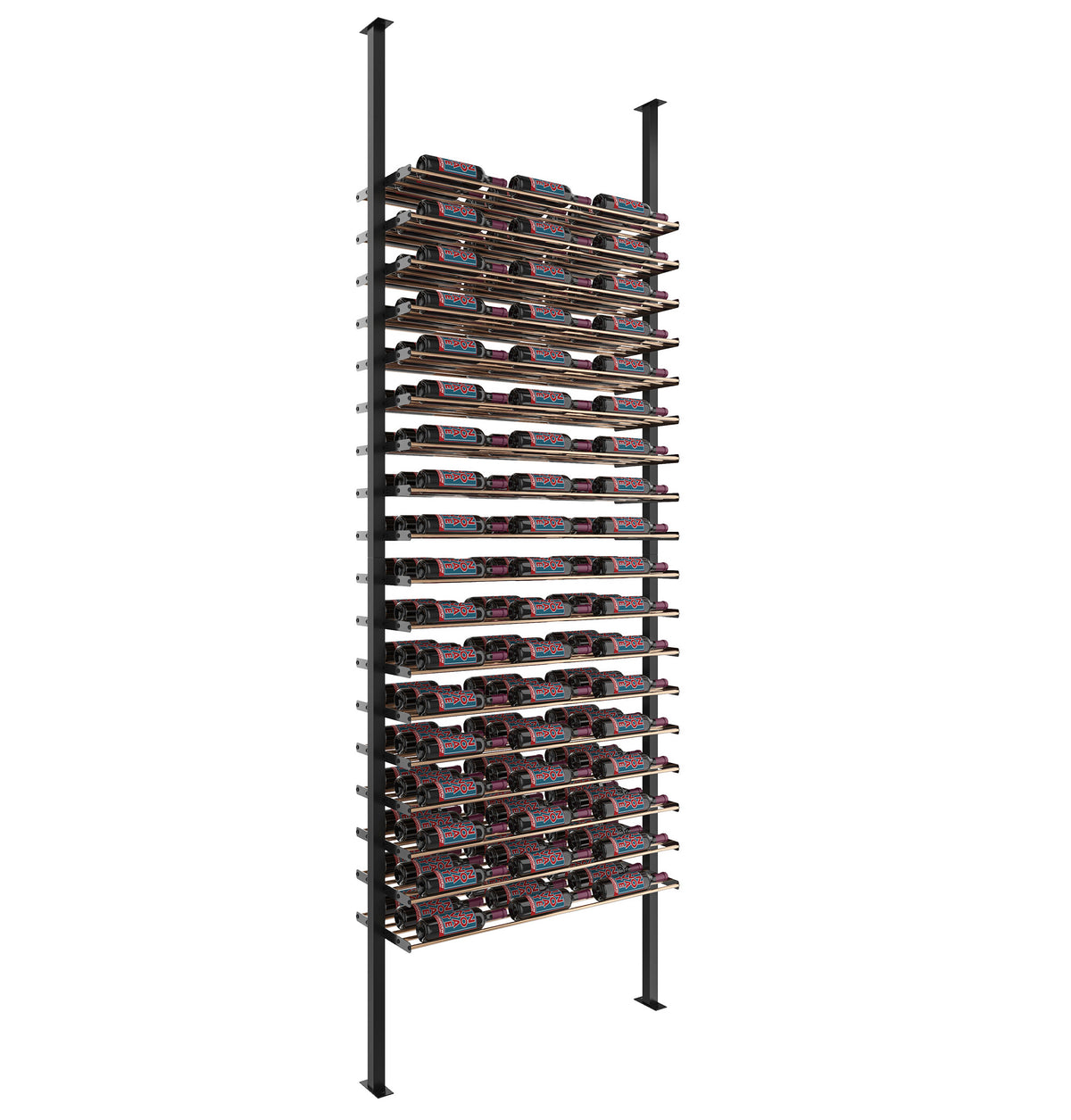Matte black low-profile wine bottle rack with horizontal rows for storing bottles