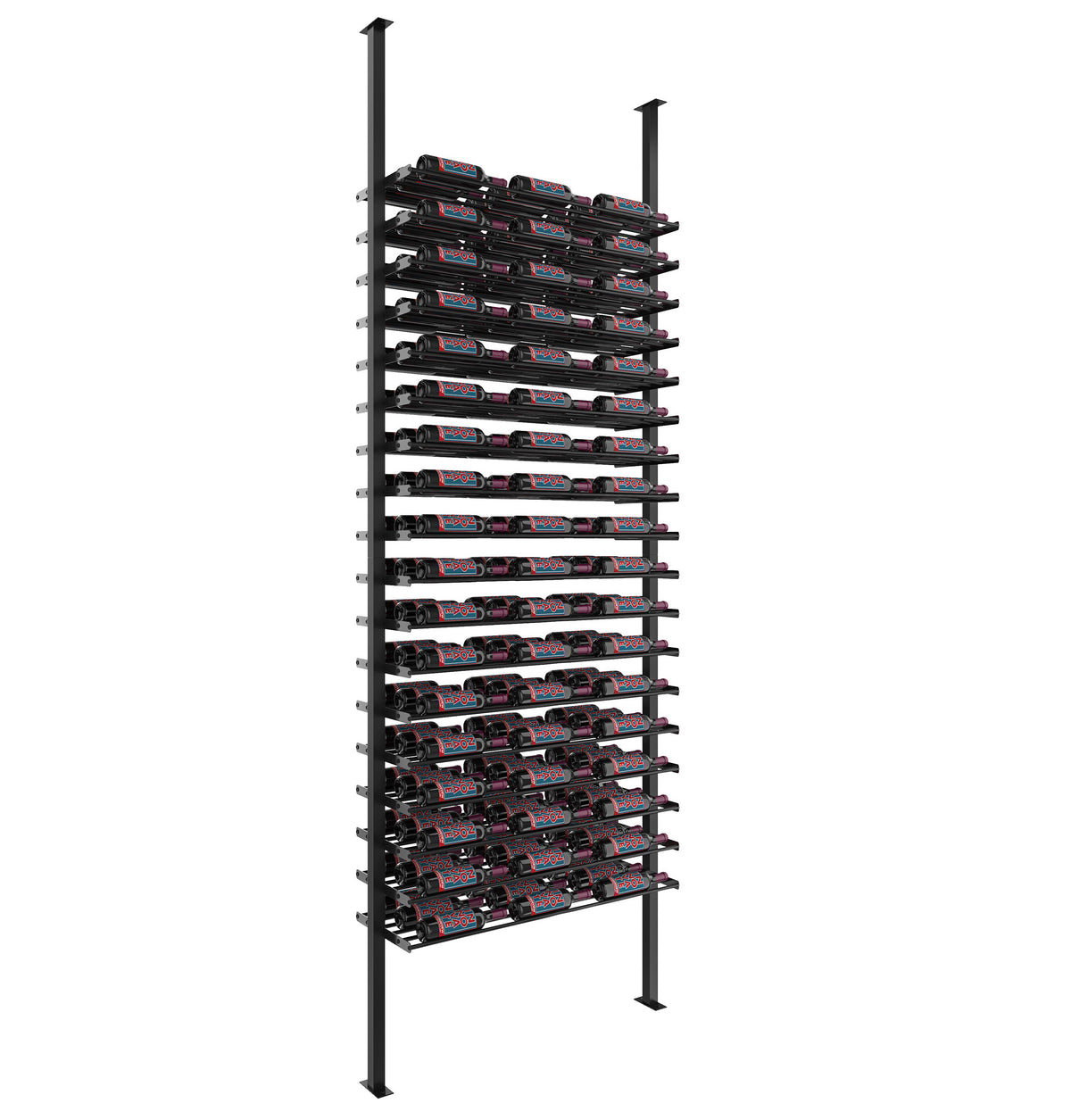 Matte black bottle display kit with stacked rails for wine bottles