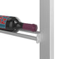 Low-profile wine bottle display rack with maroon-capped bottles, light gray frame