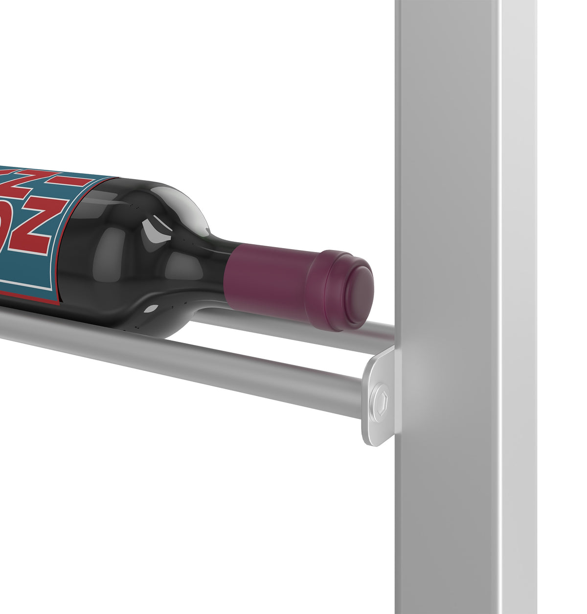 Low-profile wine bottle display rack with maroon-capped bottles, light gray frame