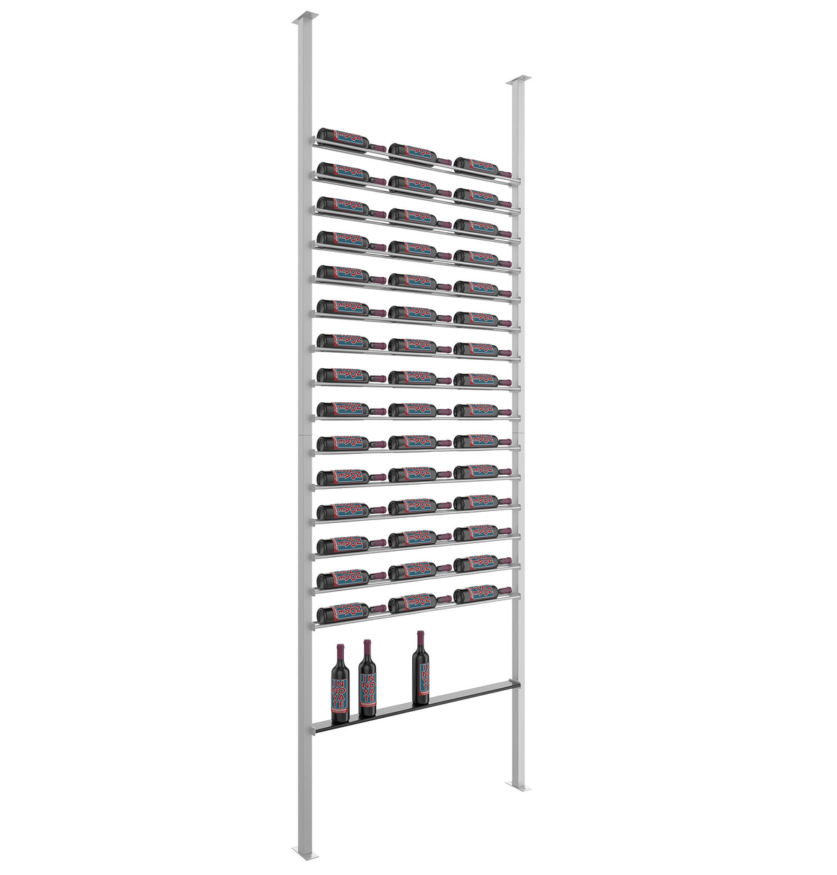 Cool gray wine bottle post shelf rack with front slots and lower bottle shelf