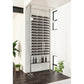 Matte black wine bottle post shelf rack with multiple horizontal slots and lower bottle shelf
