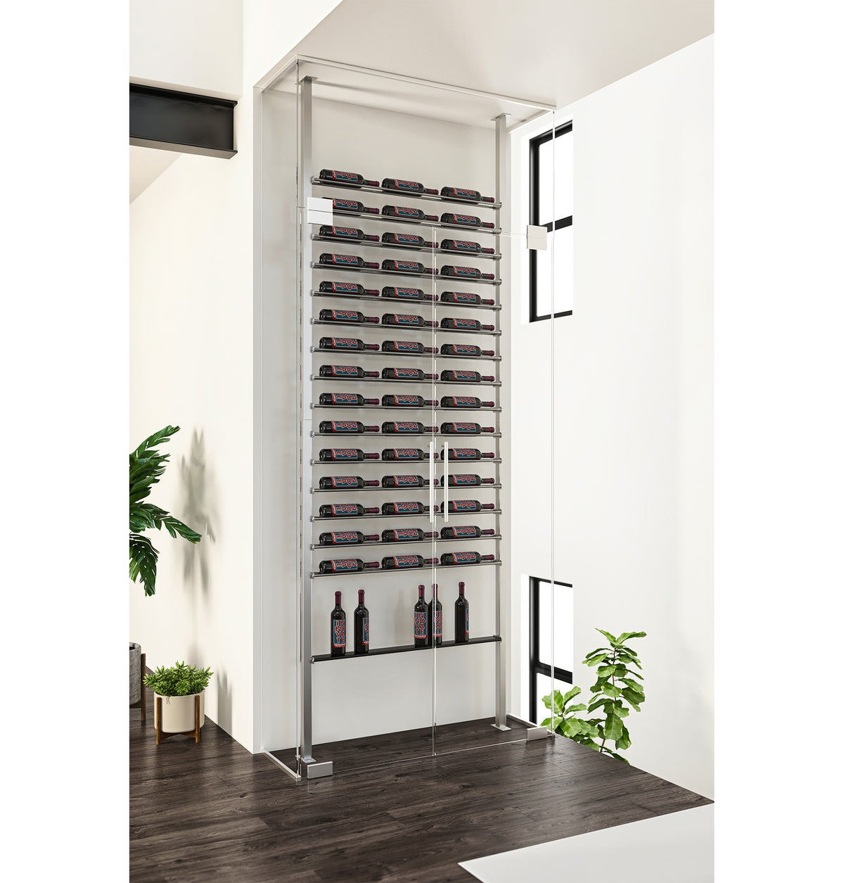 Matte black wine bottle post shelf rack with multiple horizontal slots and lower bottle shelf