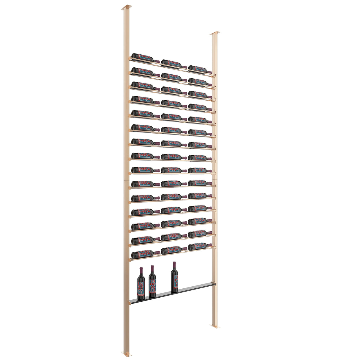Golden bronze wine bottle post shelf rack with front slots and lower bottle shelf