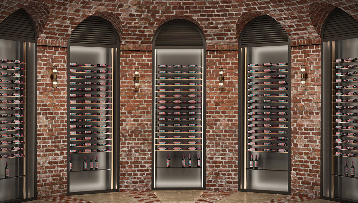 Low-profile wine bottle display with dark metal posts and multiple bottle rows