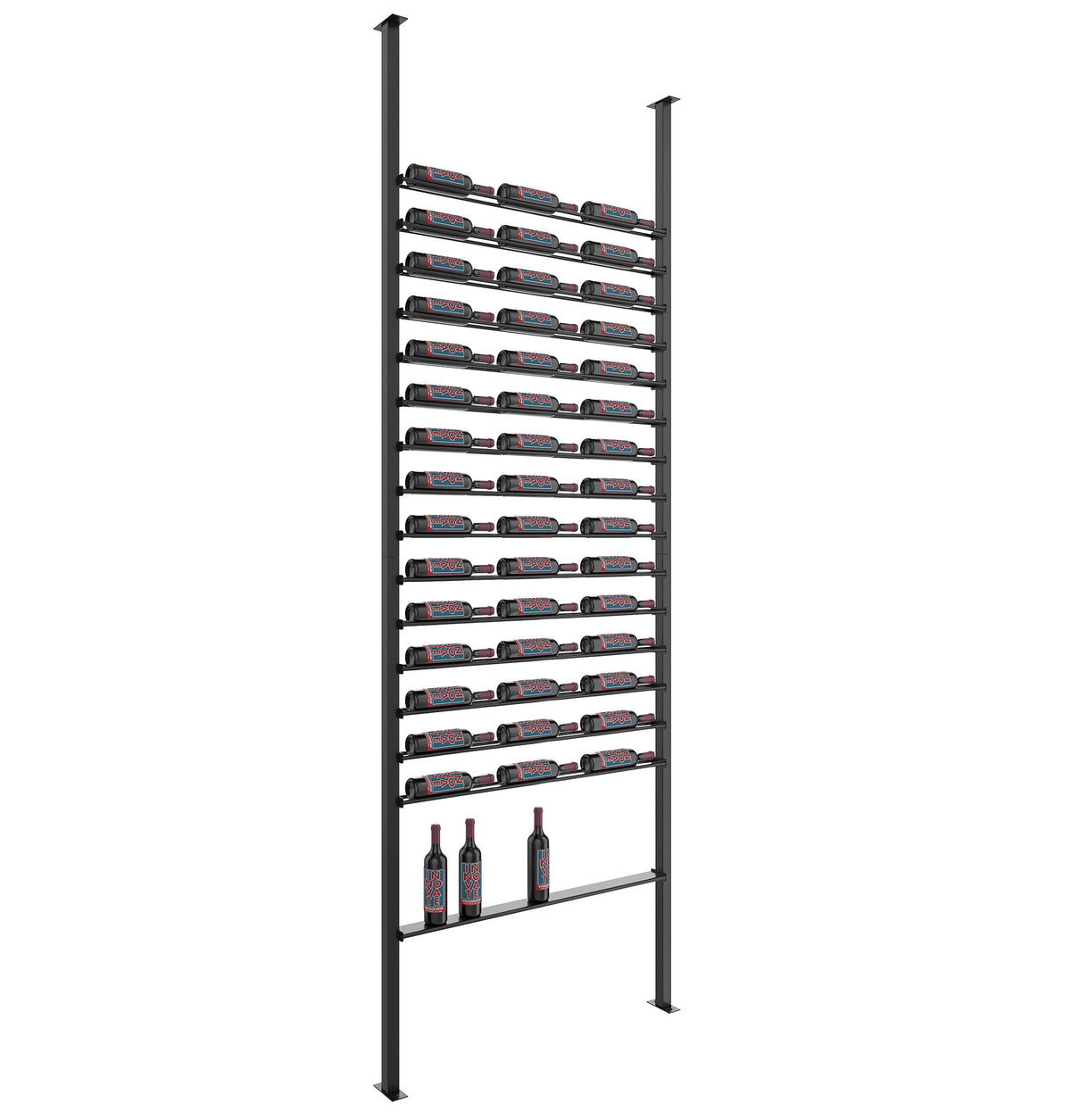 Matte black wine bottle post shelf rack with front slots and bottom bottle shelf
