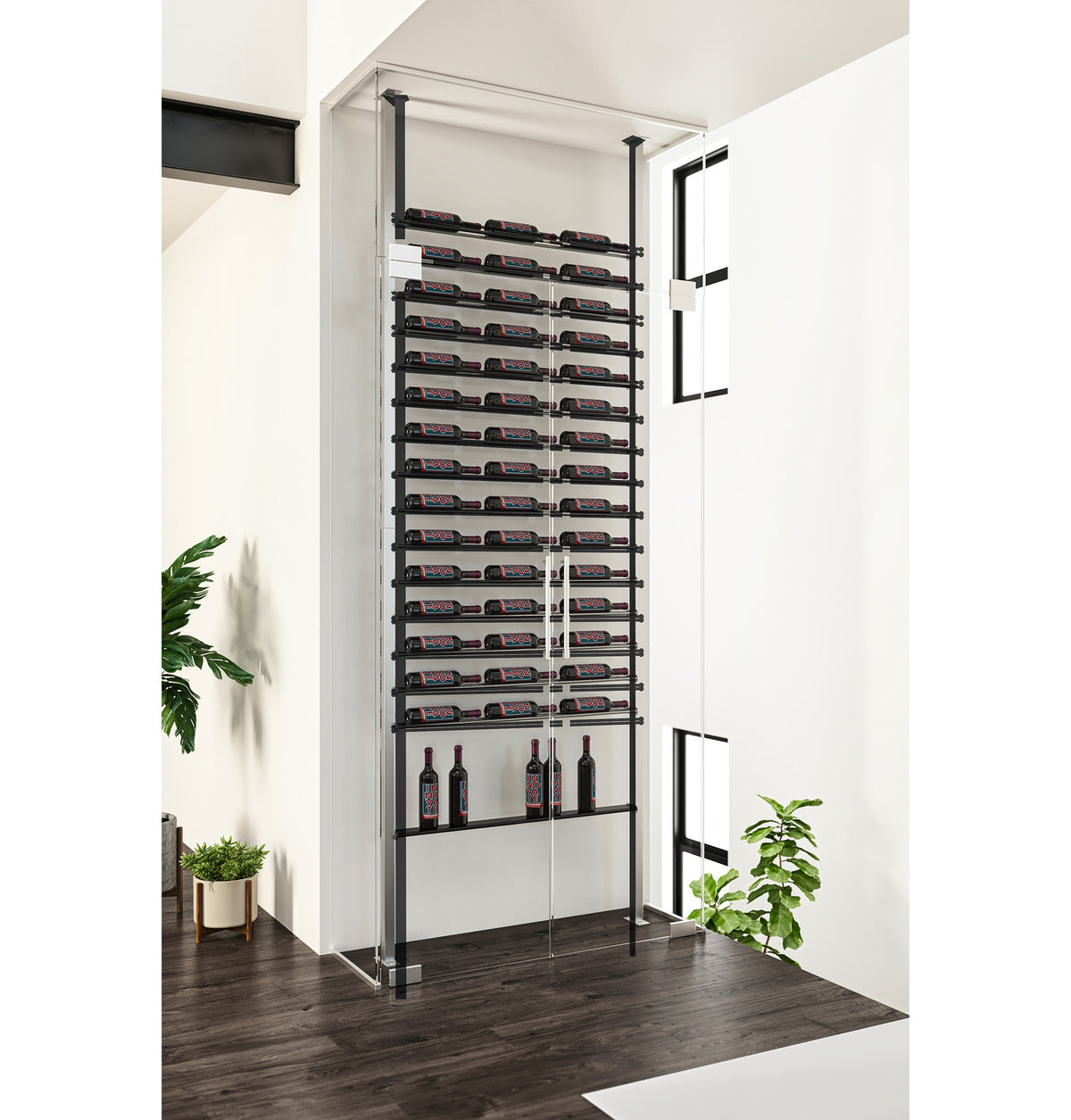 Matte black wine bottle post shelf rack beside doorway with multiple bottle slots