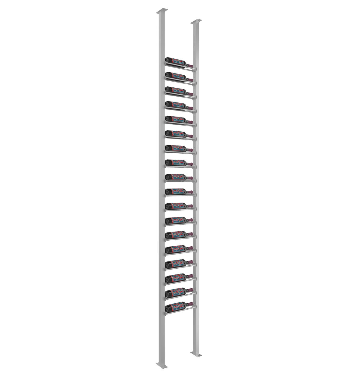 Gray low-profile wine rack posts with horizontal bottle slots, two vertical rails.