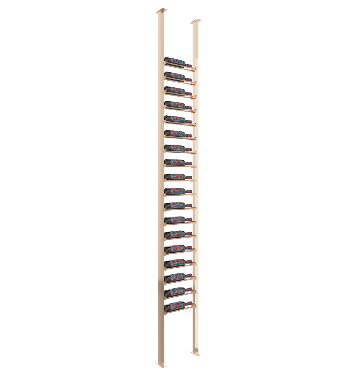 Light wood low-profile wine rack posts with horizontal bottle slots, two vertical rails.