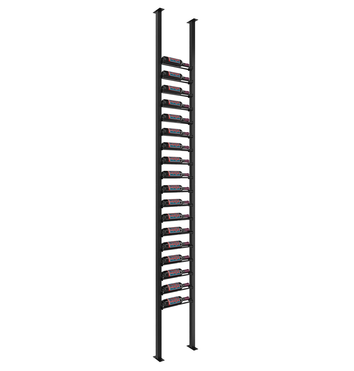 Black low-profile wine rack posts with horizontal bottle slots, two vertical rails.