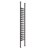 Black low-profile wine rack frame with stacked horizontal bottle rows between two posts.