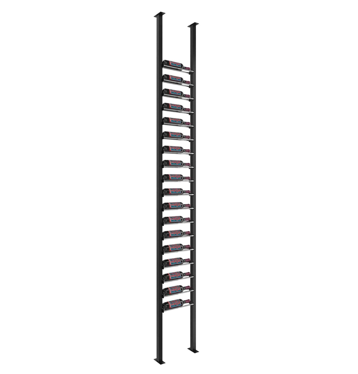 Black low-profile wine rack frame with stacked horizontal bottle rows between two posts.