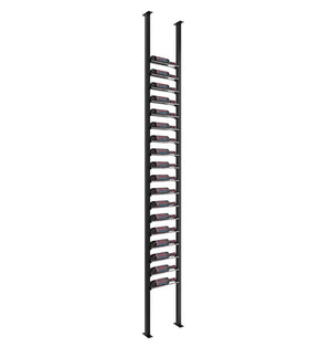 Black low-profile wine rack frame with stacked horizontal bottle rows between two posts.