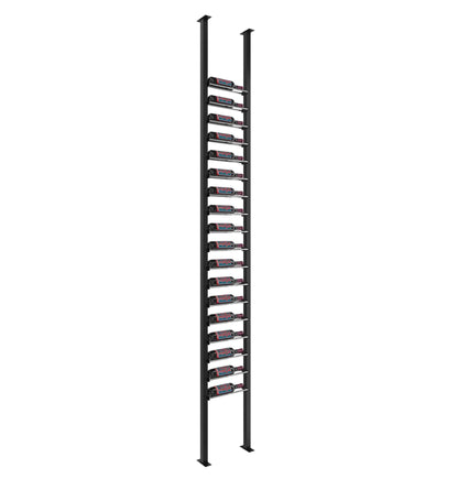 Black low-profile wine rack frame with stacked horizontal bottle rows between two posts.