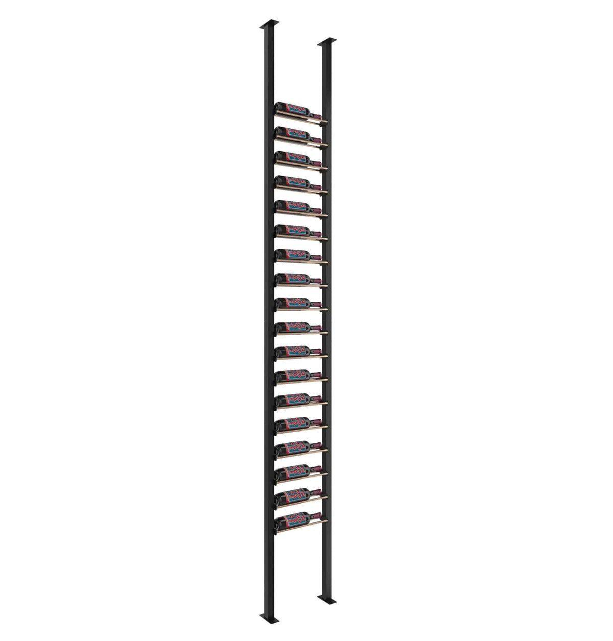 Black low-profile wine rack posts with multiple horizontal bottle rows between two rails.