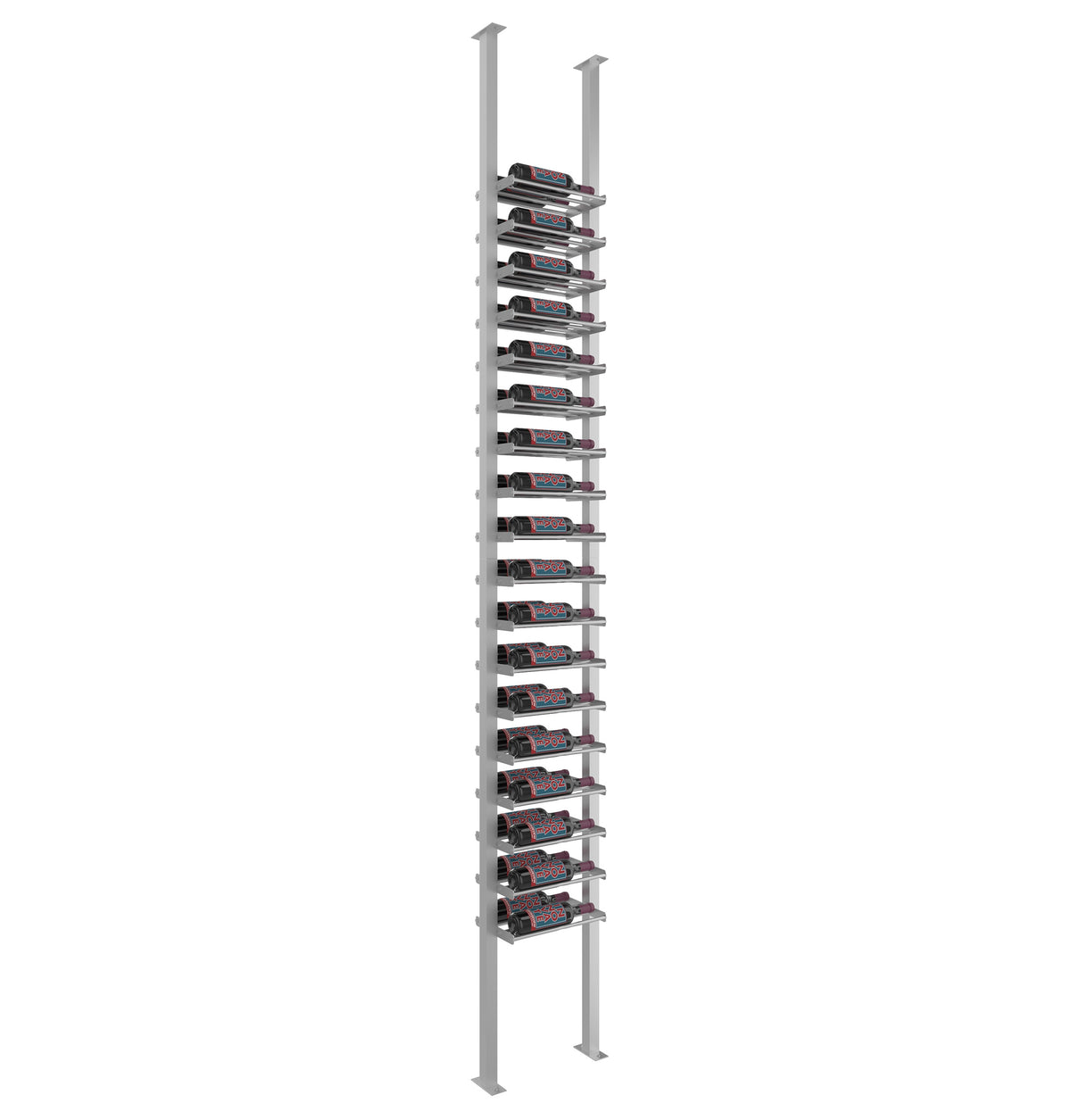 Cool gray low-profile wine bottle post rack with rows of bottle holders
