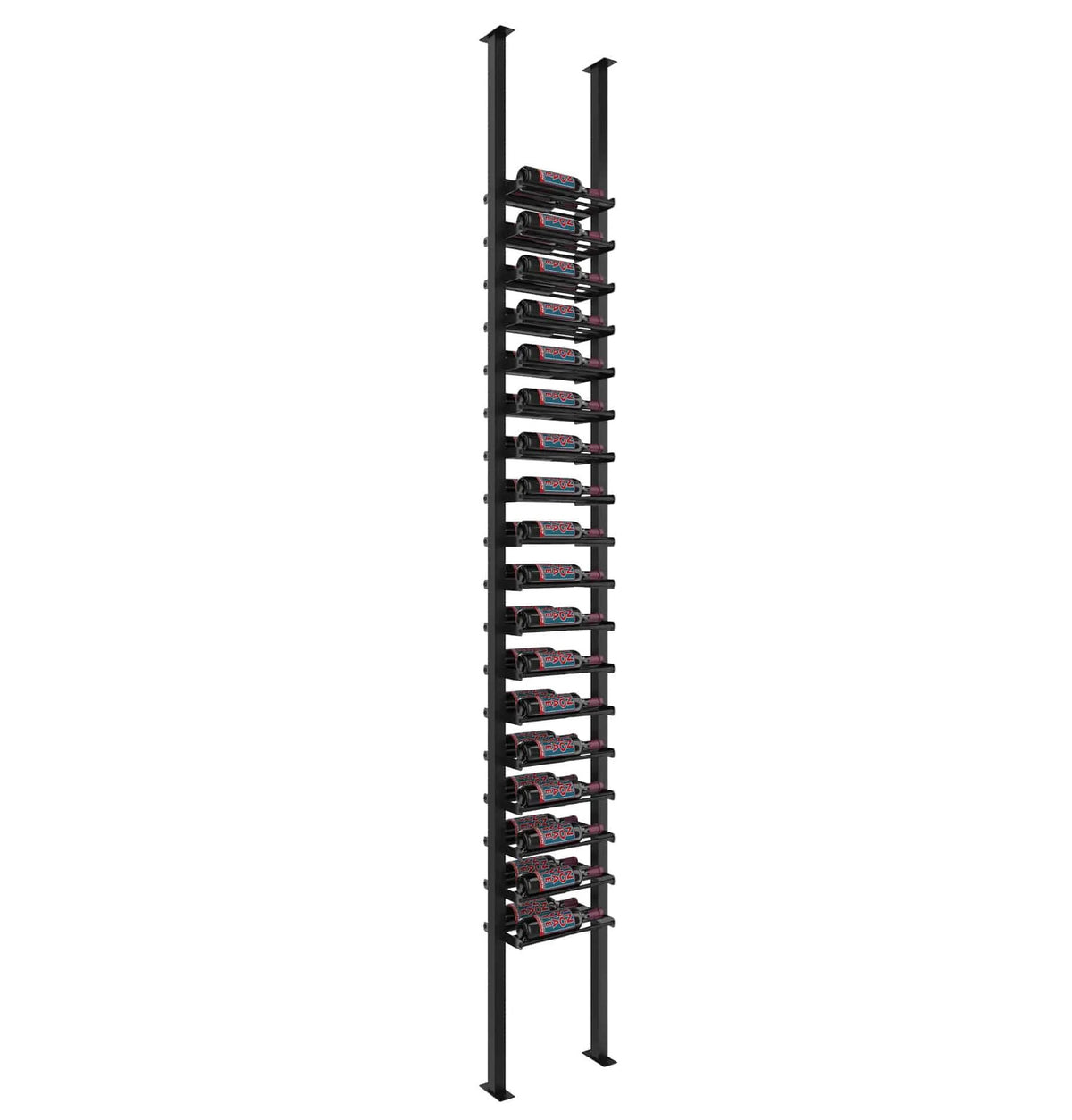 Black low-profile wine bottle post rack with stacked bottle cradles