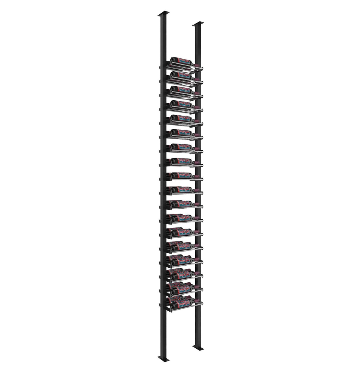 Black low-profile wine bottle post rack with two vertical rails and bottle trays