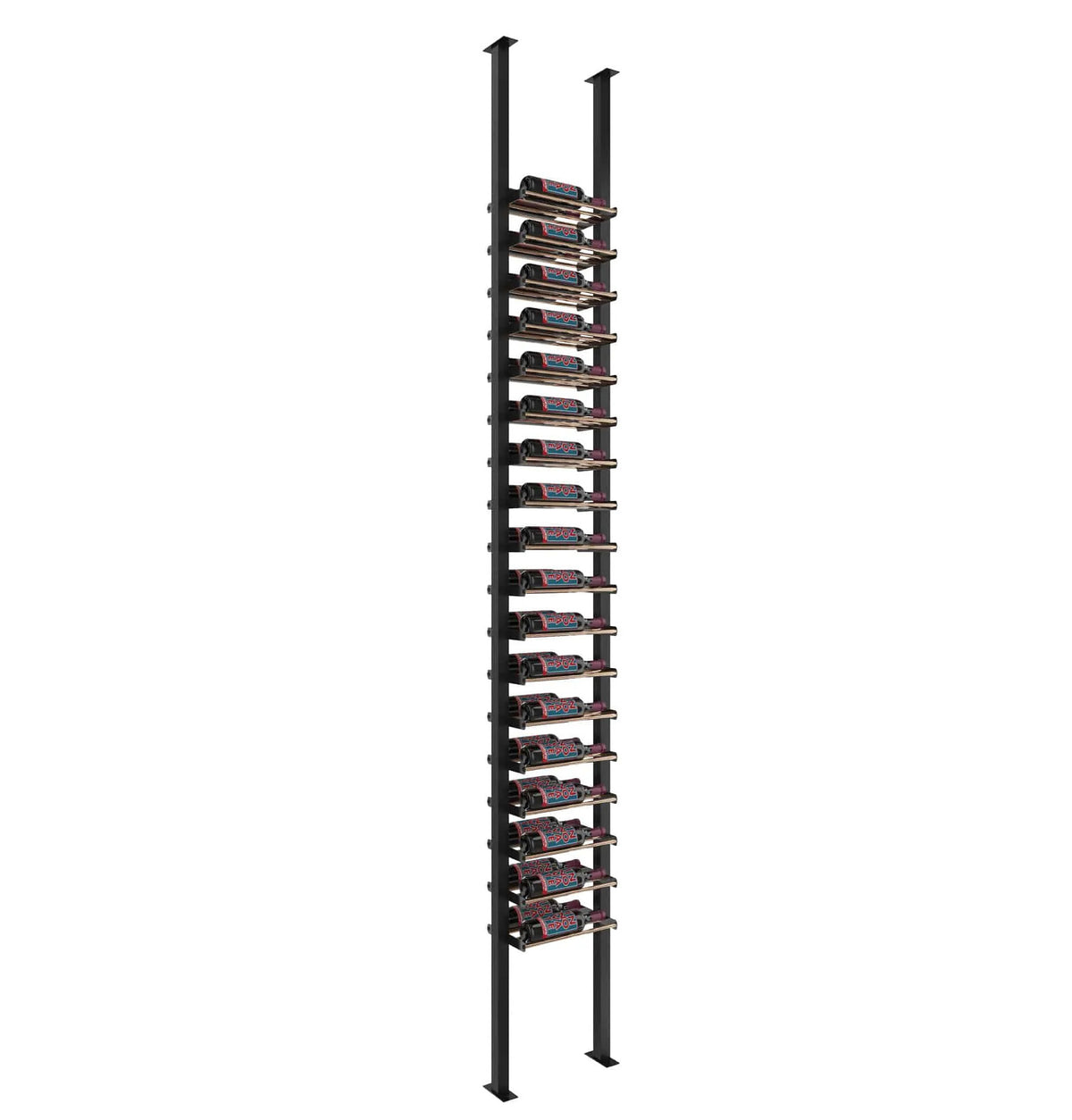 Black low-profile wine bottle post kit with multiple bottle holder rows