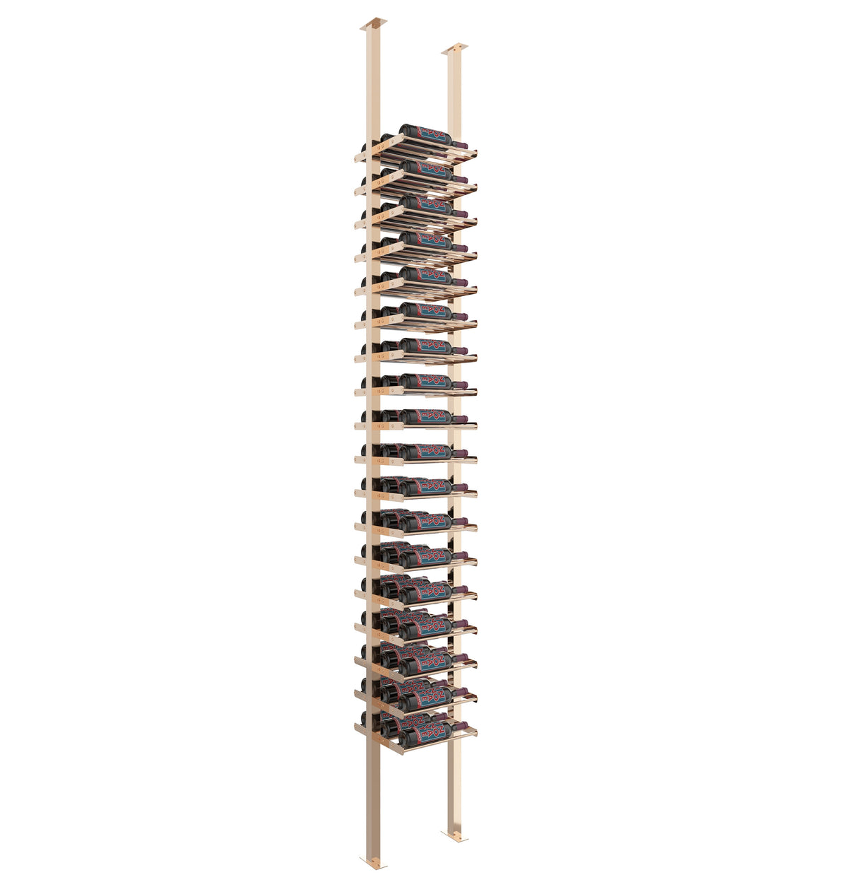 Golden bronze low-profile wine bottle post rack with stacked metal bottle holders
