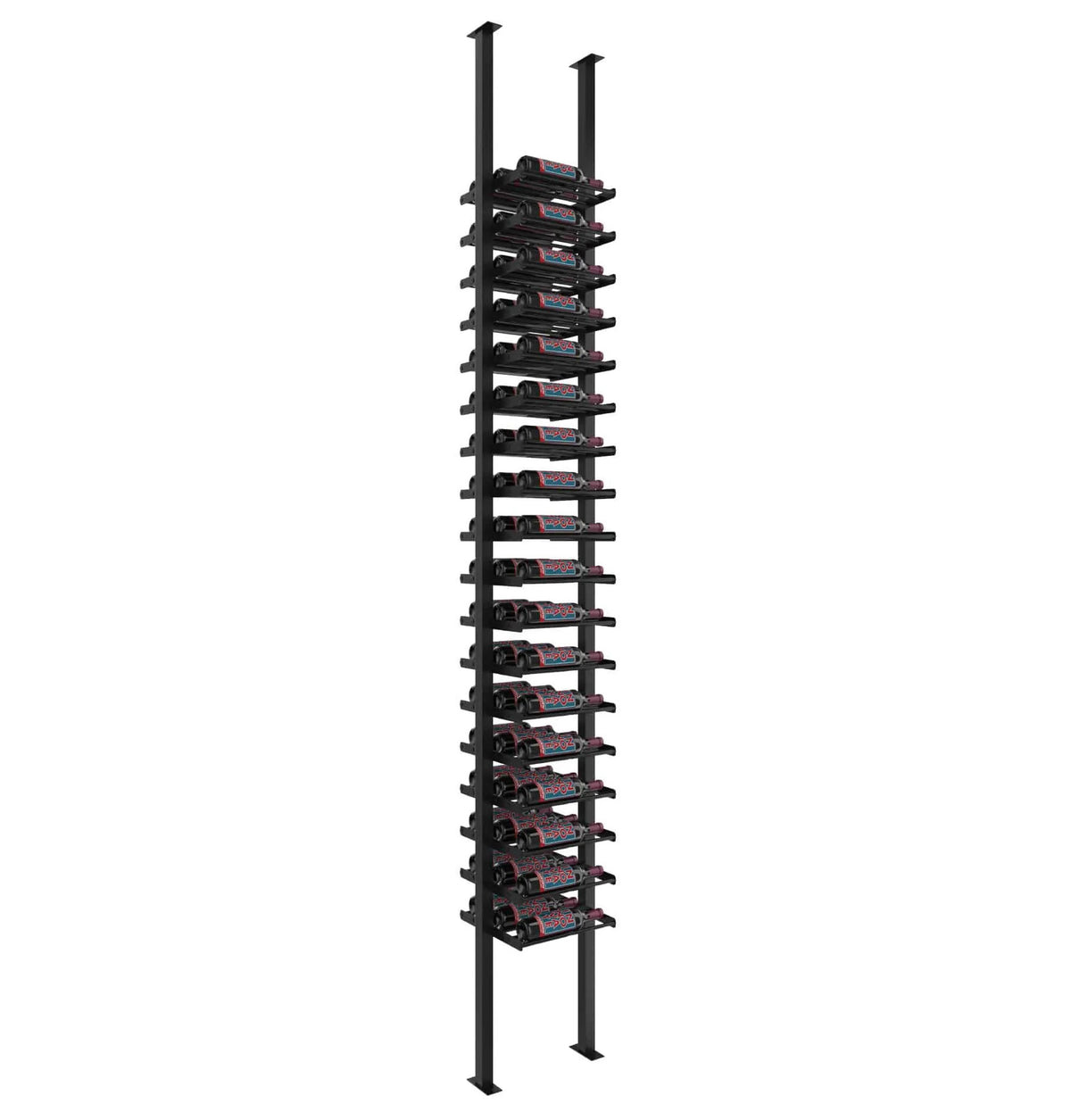 Black low-profile wine bottle post kit with rows of bottle cradles